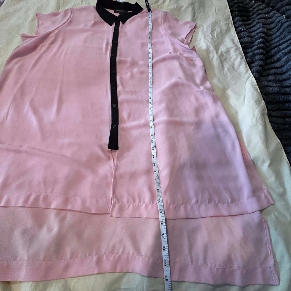 BLOUSE, POWDER PINK with BLACK TRIM, SIZE 24, POLYESTER, BUTTON FRONT, CAP SLEEV